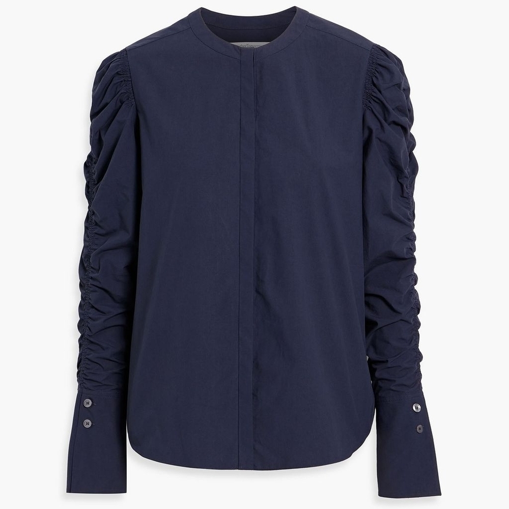 Another Tomorrow Navy Blue Poplin Cotton Shirred Puff Sleeve Button-Up Blouse XL - Picture 5 of 12